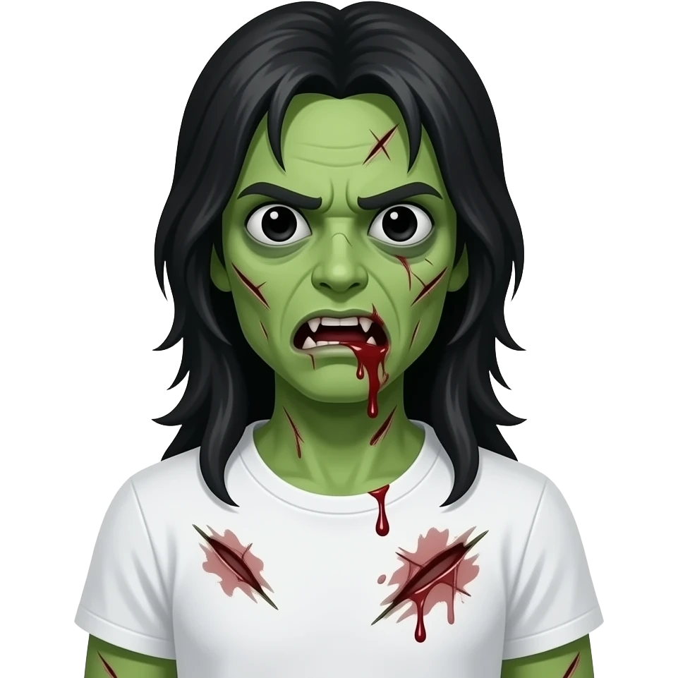 low quality, green skin zombie, all black eyes, black long hair, mouth slightly open with blood leaking out of mouth, wounds and cuts on zombie, white regular tee shirt emoji