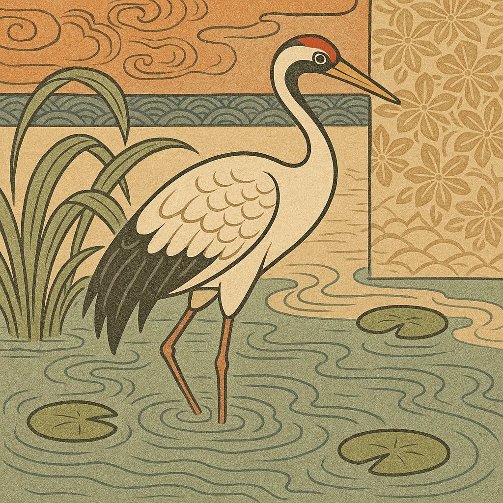 crane bird standing in a pond, ukiyo-e style illustration emoji