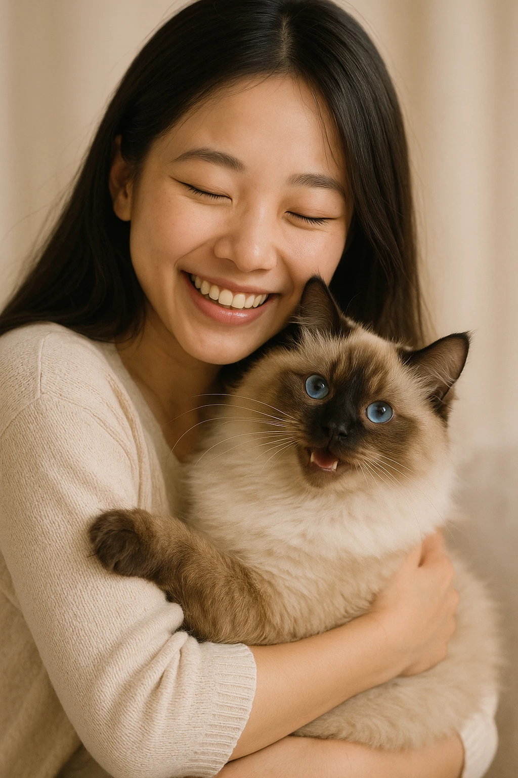 Asian girl with long hair embracing a fluffy Siamese cat, both looking happy, soft lighting, gentle colors emoji