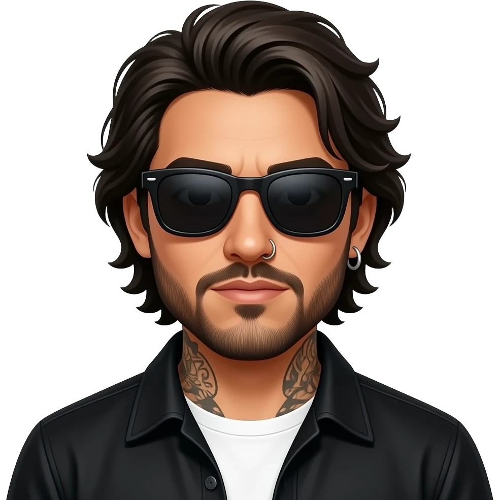 A handsome Latino man with medium length hair and beard and tattoos with a right nose hoop and an earring hoop wearing all black with a white undershirt and black sunglasses emoji
