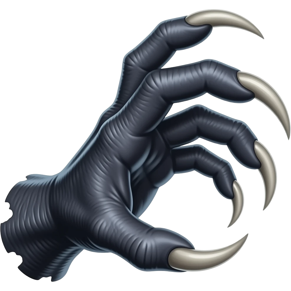 Long dark Demonic hand with sharp claws. Make the hand reach out to attack and slash towards the right of the image violently. Shift the perspective to a side profile to show the curvature and length of the claws more clearly. emoji