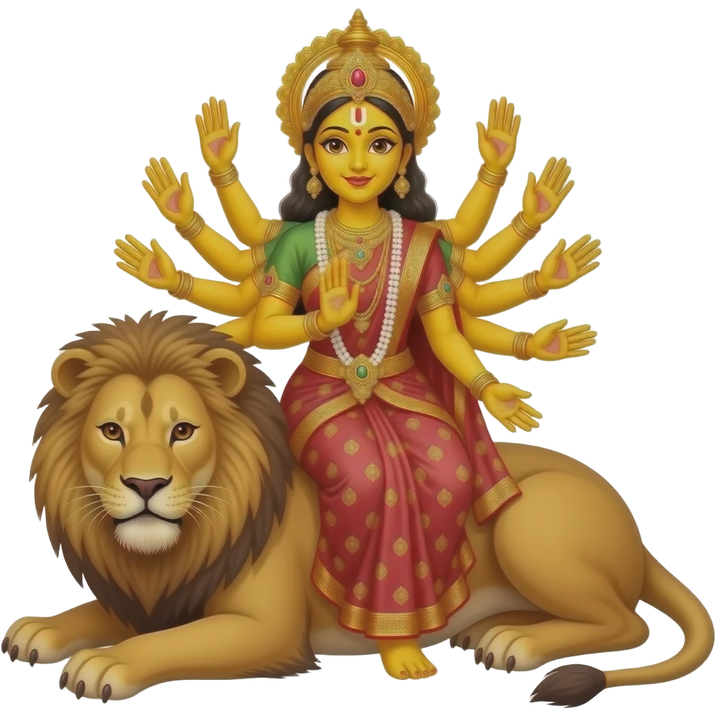 A bengali yellow skinned bride with exactly ten empty hands sitting on a lion with ALL hands in front emoji