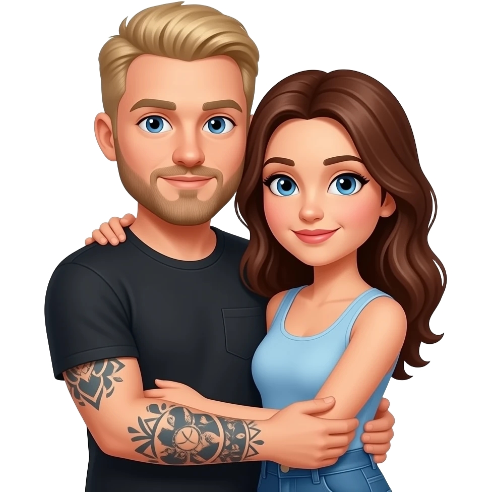 Un couple avec un gars blonc aux cheveux très courts, aux yeux bleu, avec une barbe, tatoué et une femme châtain aux yeux bleus, au teint très clair, qui se font un câlin emoji