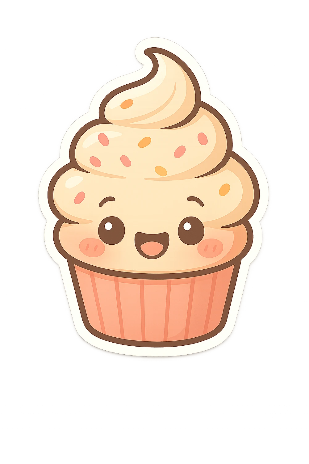 chibi sticker-style cupcake with a smiling face, cute and exaggerated emoji