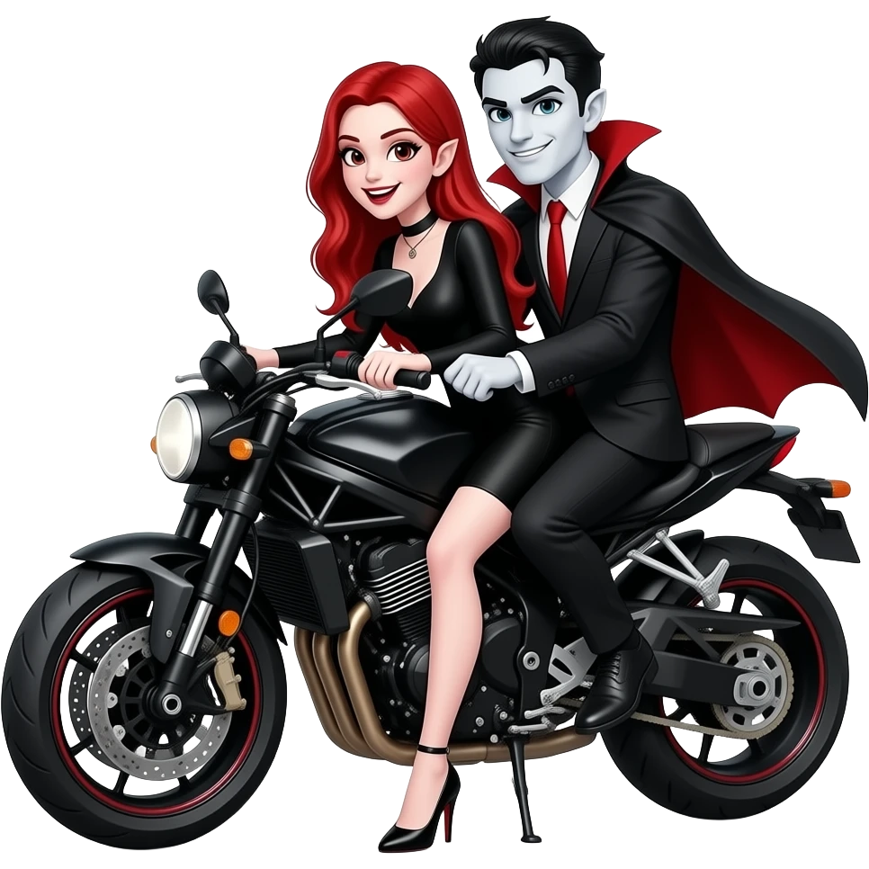 Vampiro femmina ADOLESCENTE con pelle bianca e capelli rossi indossa un vestito con le maniche lunghe nero, gli stivali lunghi neri con il tacco e insieme al suo fidanzato VAMPIRO con la pelle bianca e i capelli neri vanno in moto e sono felici emoji