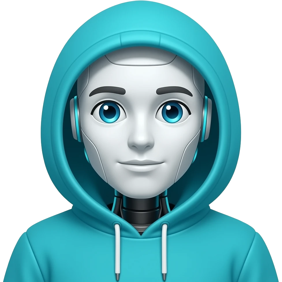 Robot in cyan hoodie, head only, pixelated emoji
