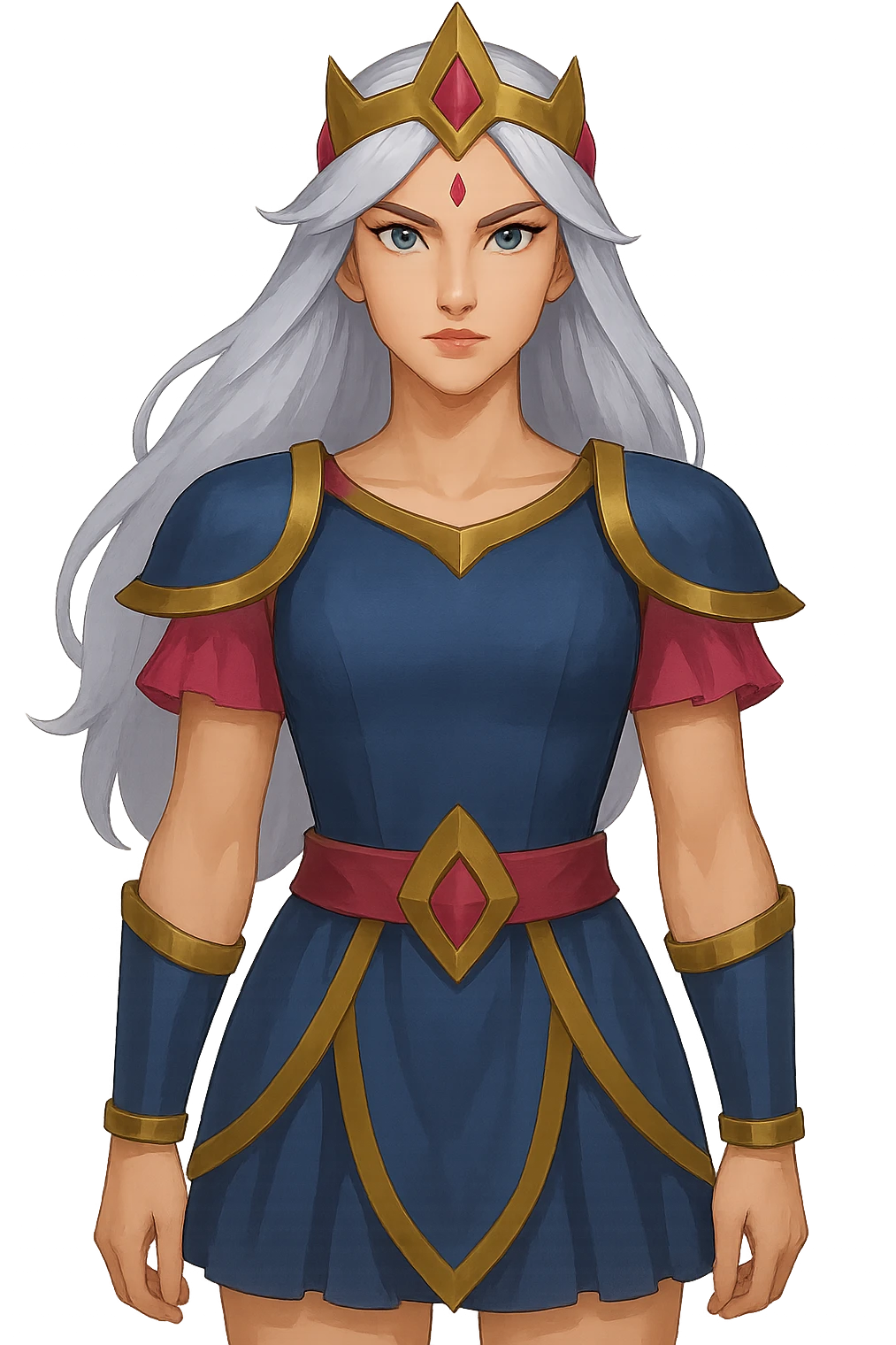 Repose the character in the reference image so she is standing still, facing forward, with arms relaxed at her sides. Keep the same style and outfit as the original. The stance should be neutral and portrait-like, matching the previous separated character images. Provide the output as a transparent PNG. emoji