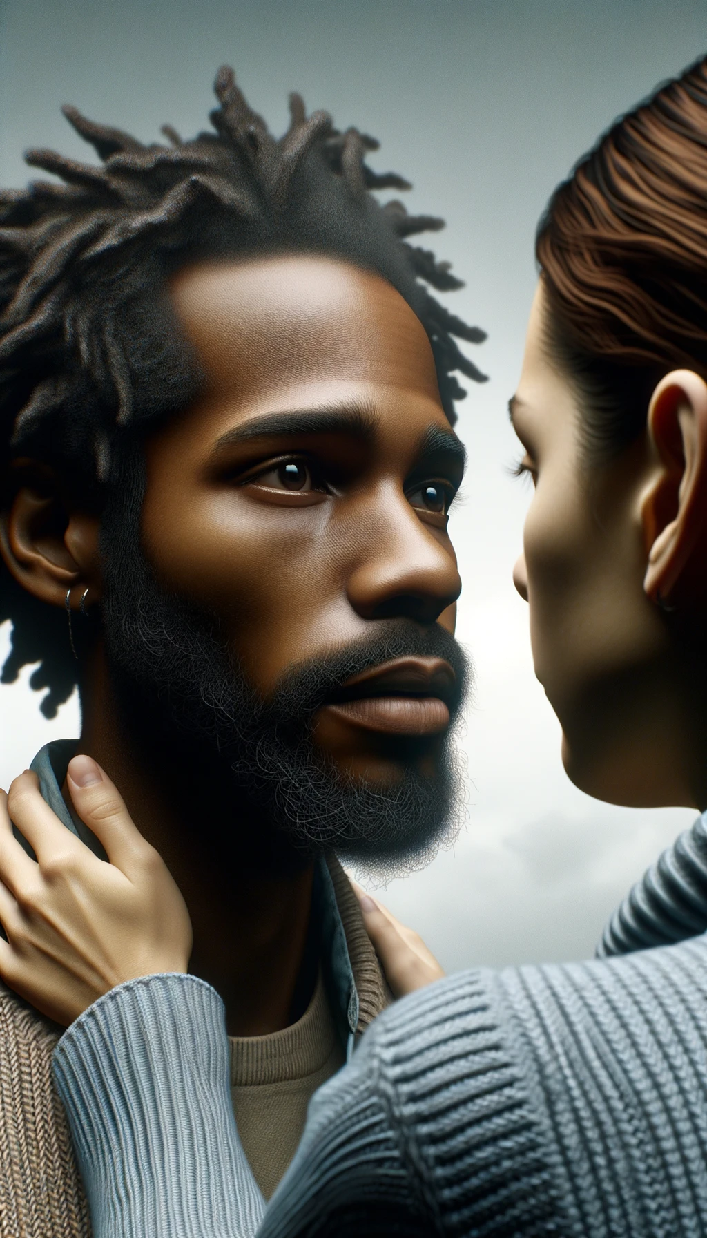 a close-up scene where one person, facing the viewer, is talking with clear emotion, while another person is shown from the back, their head slightly turned as they listen. The background is a clean, light color, enhancing the clarity and realism of the scene. Fine details in facial features, hair texture, and clothing are visible. emoji