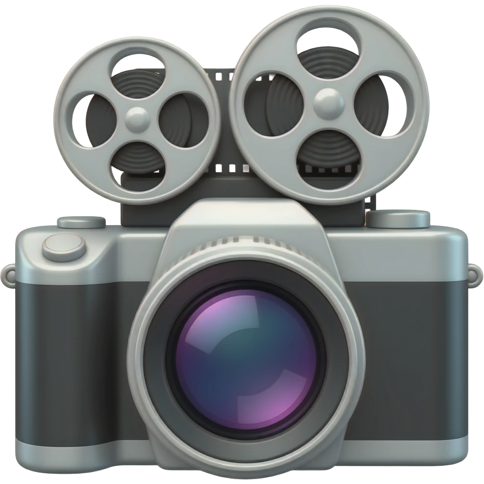 Glossy 3D rendered film camera emoji, front-facing, detailed lens barrel and film reels, slightly rounded edges, no muted tones, soft shading, white background emoji