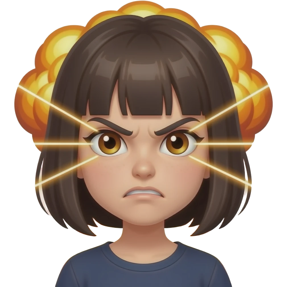emoji, angry teen girl face, eyes shooting laser beams, nuclear mushroom cloud explosion in background, flat cartoon, vivid red orange yellow, clean outlines, white background emoji