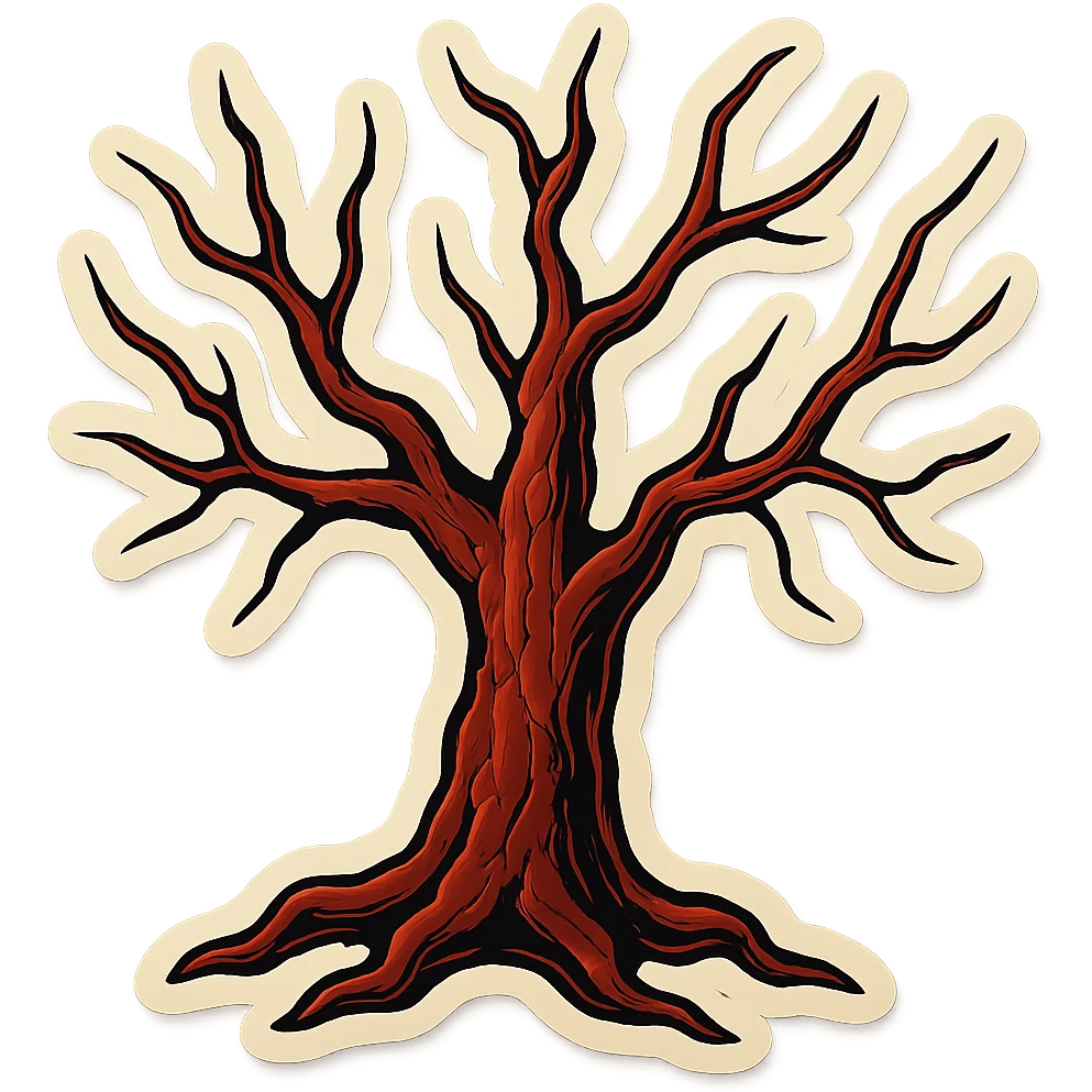 creepy tree with long thin branches, brown-red cracked bark, sharp black outlines, clear shadows and highlights, retro stickers style, no gradients, intimidating look emoji