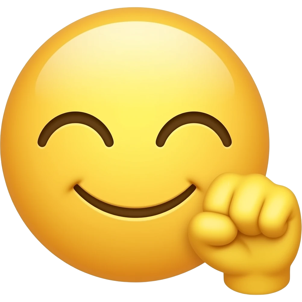 yellow face emoji with a fist hand next to the face and eyes closed smiling emoji