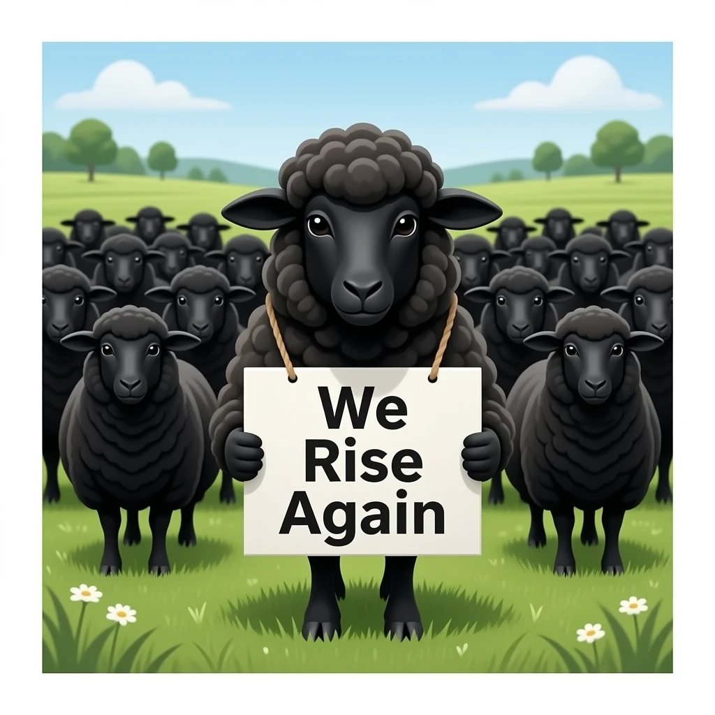 Black sheep with a sign saying  “we rise again”. the whole sheep including the fur needs to be black. with a flock of black sheep behind the main sheep. make the sign clear. make the flock bigger on a field emoji