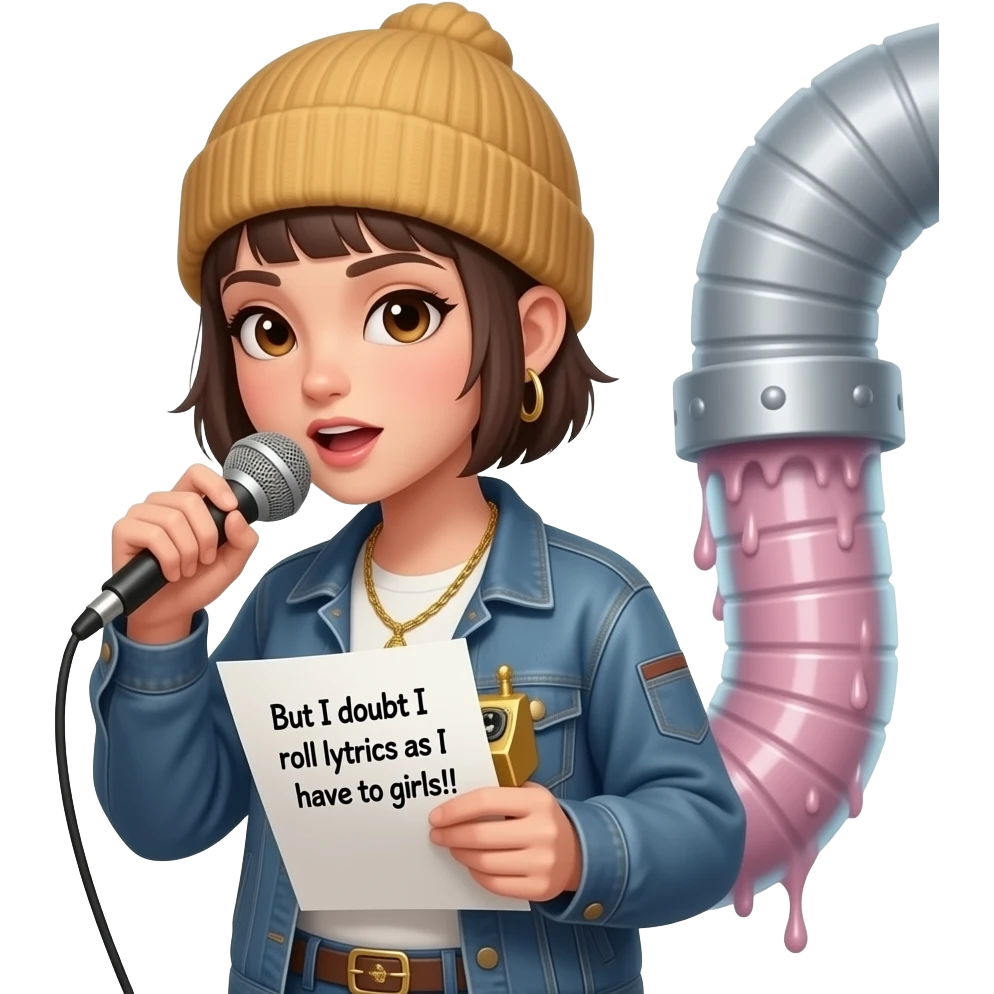 A tomgirl with short boyish hair, a beanie, and brown eyes rapping and wearing a golden stenography machine as a necklace. On her paper are the lyrics: "But I doubt I roll lyrics as I have to girls!!"

The entire girl is being sucked into a giant slimy vacuum cleaner.  emoji