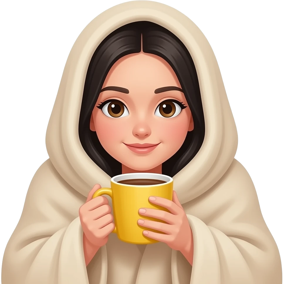 A white girl with black hair, with a large beige blanket, drinking coffee in a yellow mug, cozy and peace, iPhone emoji style emoji