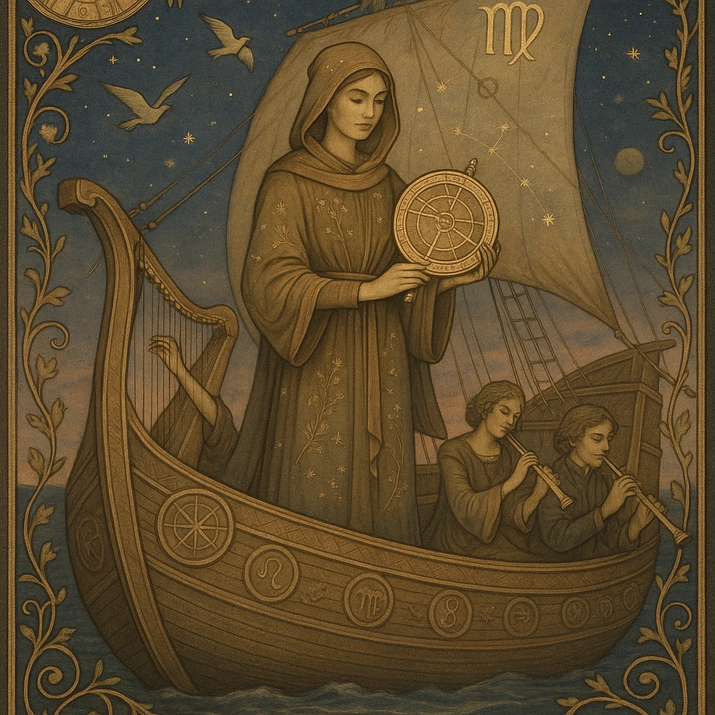 Tarot card titled 'The Voyager – Virgo': A serene, graceful Virgo figure in earth-toned robes embroidered with constellations and plants, holding a celestial map or astrolabe, standing on a majestic ship with zodiac carvings and arcane symbols. Birds soaring overhead, musicians playing harps and flutes, border featuring vines, zodiac wheels, and golden filigree. Twilight sky filled with stars, subtle planets, and Virgo glyphs woven into the sails. Mysterious, harmonious, and purposeful mood. emoji