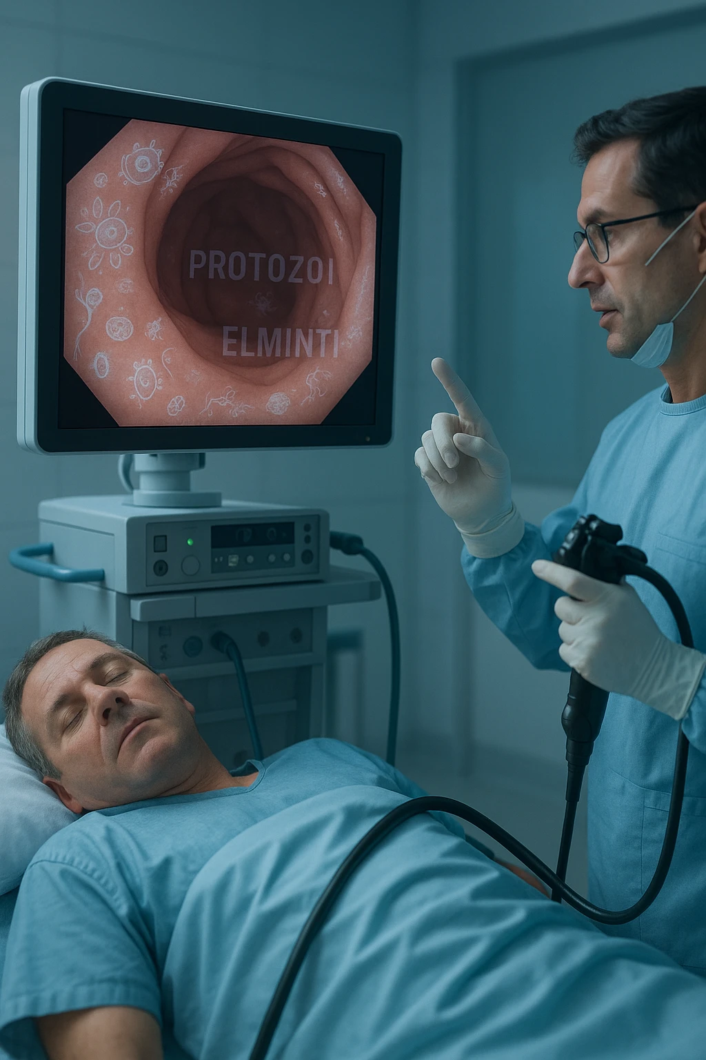 A medical cinematic illustration showing a patient undergoing a colonoscopy in a modern clinical setting. On the monitor, the endoscopic camera shows smooth, healthy-looking intestinal mucosa — clean and without evidentiary signs. But layered symbolically in the background (or faded into the intestinal wall), tiny parasitic organisms like protozoa and helminths are subtly depicted hiding between folds, or embedded deeper in tissues, undetectable by the surface-only scope. The doctor gestures with confidence, while the patient remains unaware that the test might not reveal the true underlying infection. The scene has cool clinical lighting, shallow depth of field, and realistic anatomy, overlaid with symbolic, almost ghost-like imagery of parasites in italiano emoji