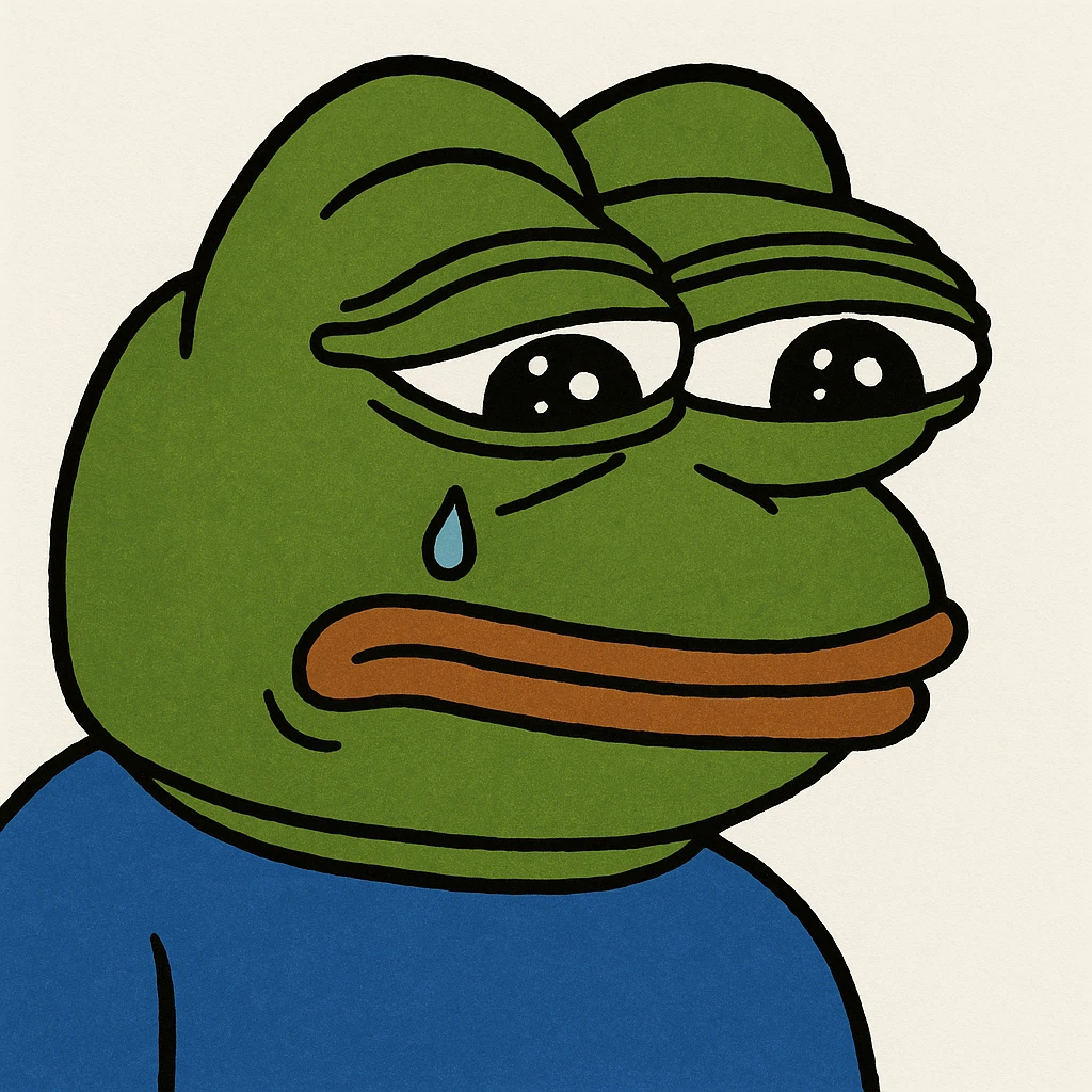 Pepe the Frog looking sad with a single tear, meme style, green skin, blue shirt emoji