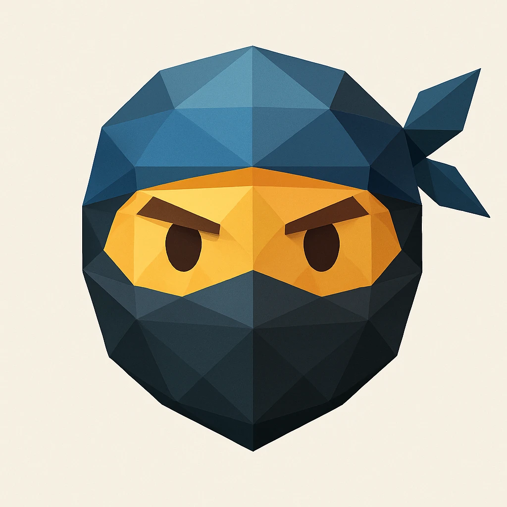 ninja emoji with masked face and blue headband, low-poly geometric shapes, modern look, polygonal icon style emoji