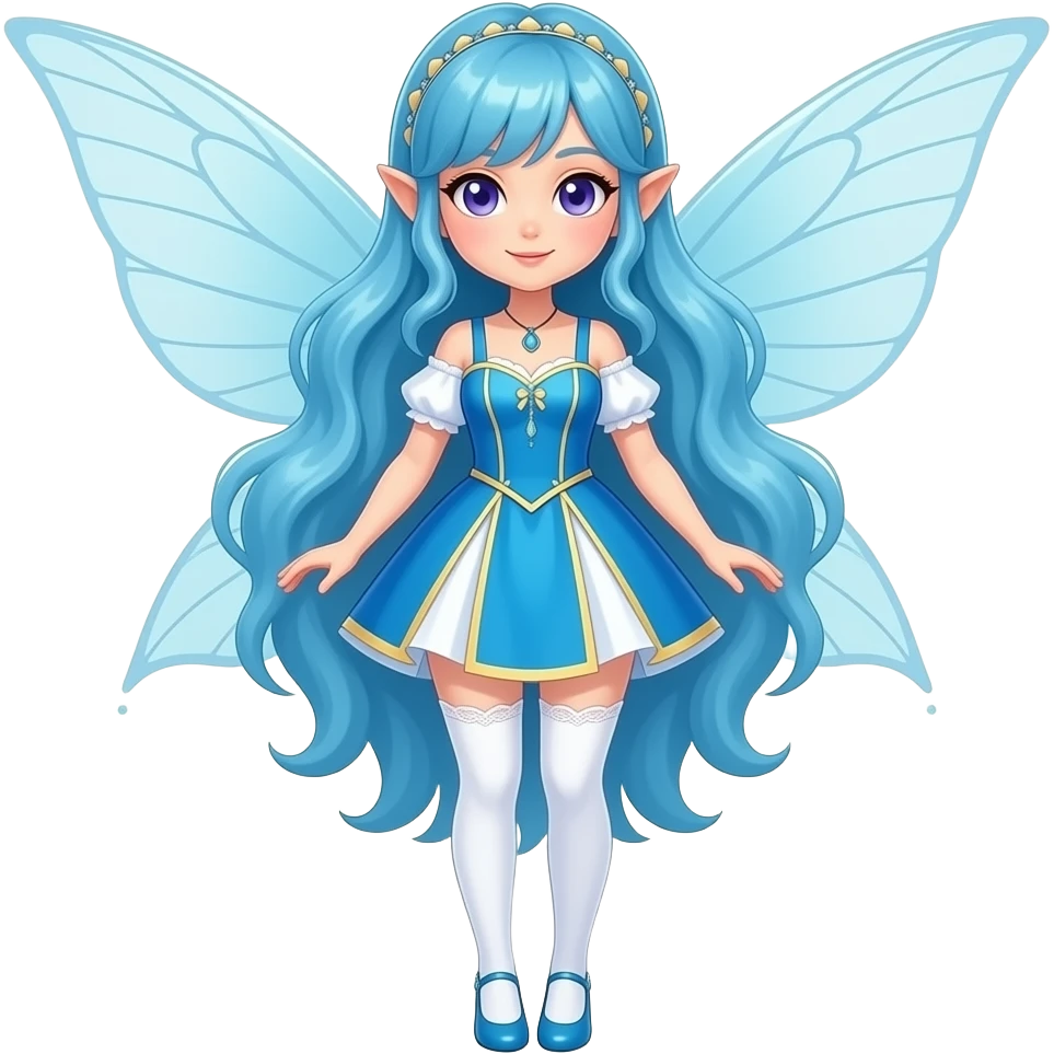A female water fairy with a full body, blue hair violet eyes and wearing a blue dress with white and cream yellow accents and white leggings. (Pokémon style.) emoji