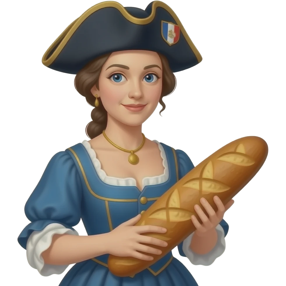historical lady French Mariana with a rebel Jacobin cap and a large French loaf emoji