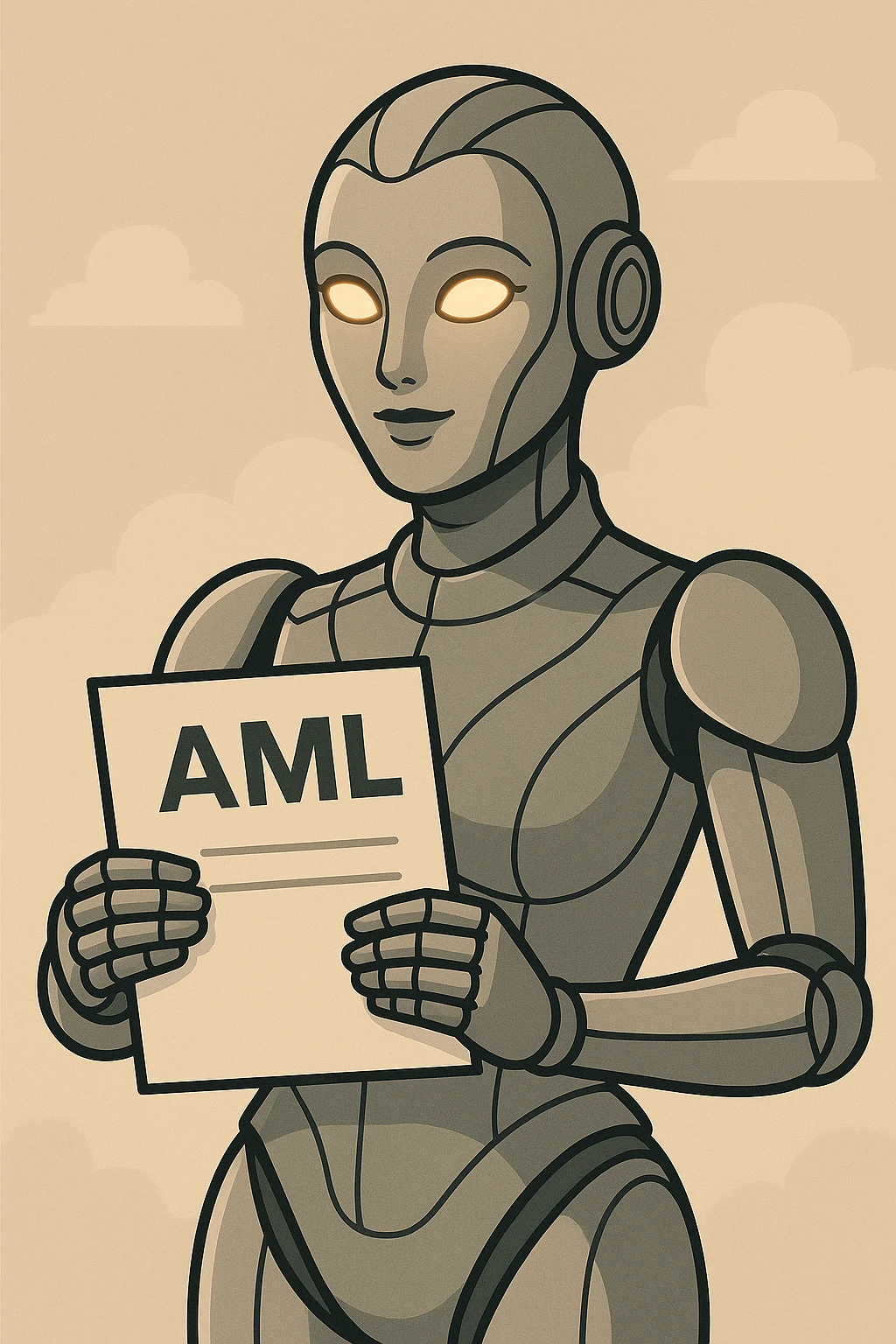 Update the futuristic robot to have a more feminine appearance, holding a document marked 'AML', in a sleek, professional style. emoji