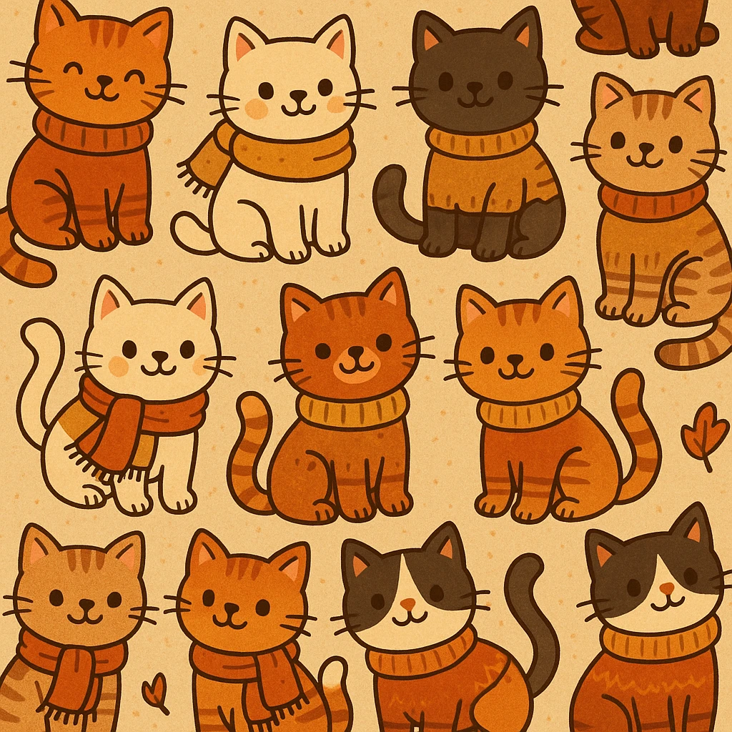 cute cats in scarves and sweaters, seamless pattern, autumn colors, warm and cozy vibe, playful cartoon style emoji