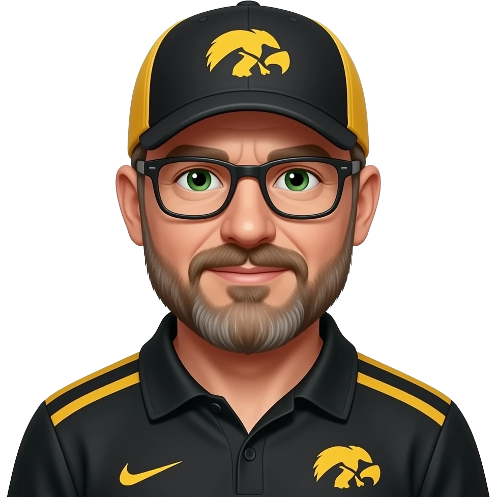 Bald 58 year old man with goatee and green eyes wearing Iowa Hawkeye gear emoji