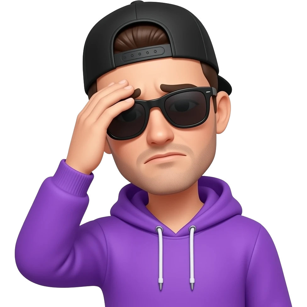 tall skinny guy with black basecap, purple hoodie, sunglasses facepalm emoji
