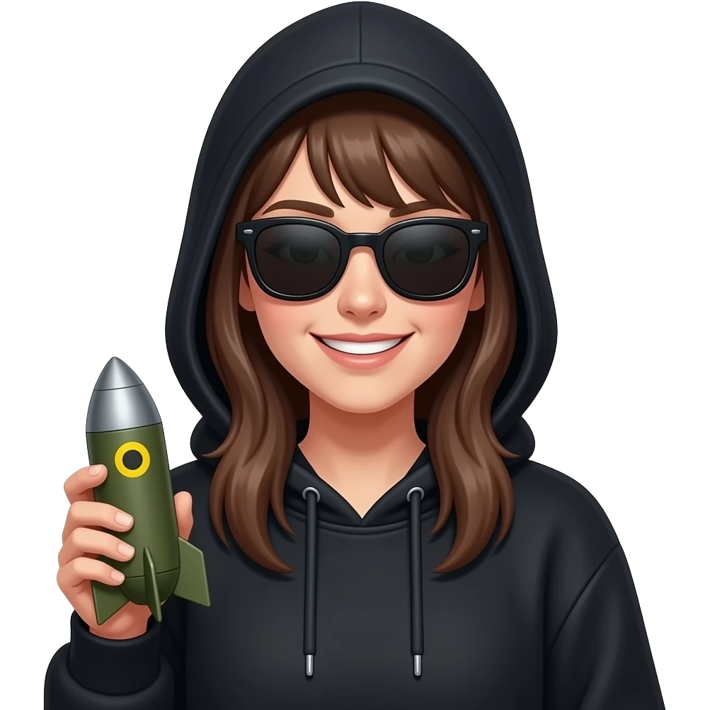 A girl wearing a Black hoodie with entire face is hidden in shadow. She’s wearing blacK sunglasses a smirk on her face holding a nuke in one hand. Face is covered in shadow emoji