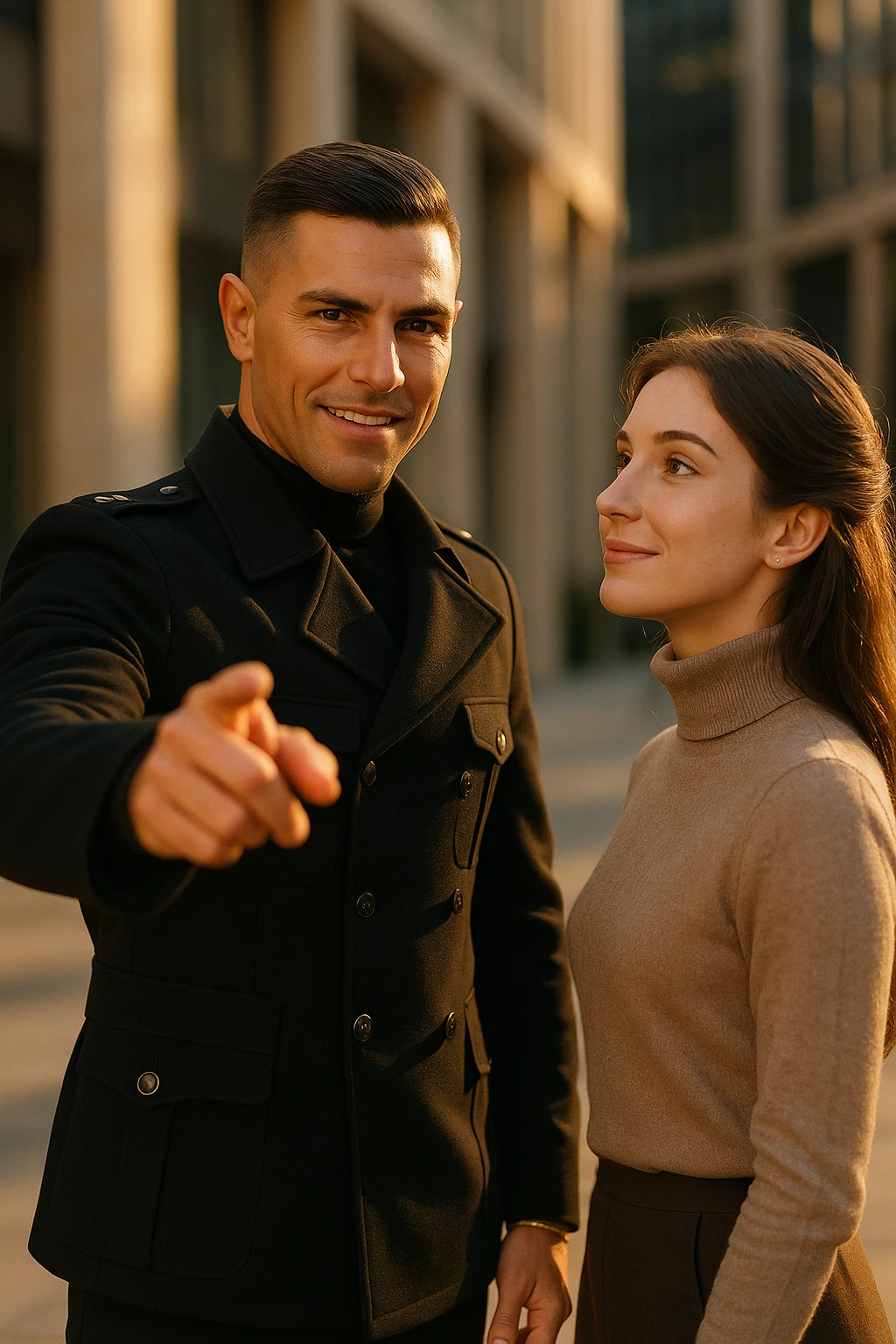 A confident man standing in front of a woman, gently pointing forward with a clear direction, showing leadership and confidence, the man is dressed sharply like a commander, the woman looks at him with trust, warm sunlight, cinematic lighting, high-resolution, realistic details, elegant urban background, depth of field, 50mm lens look. emoji