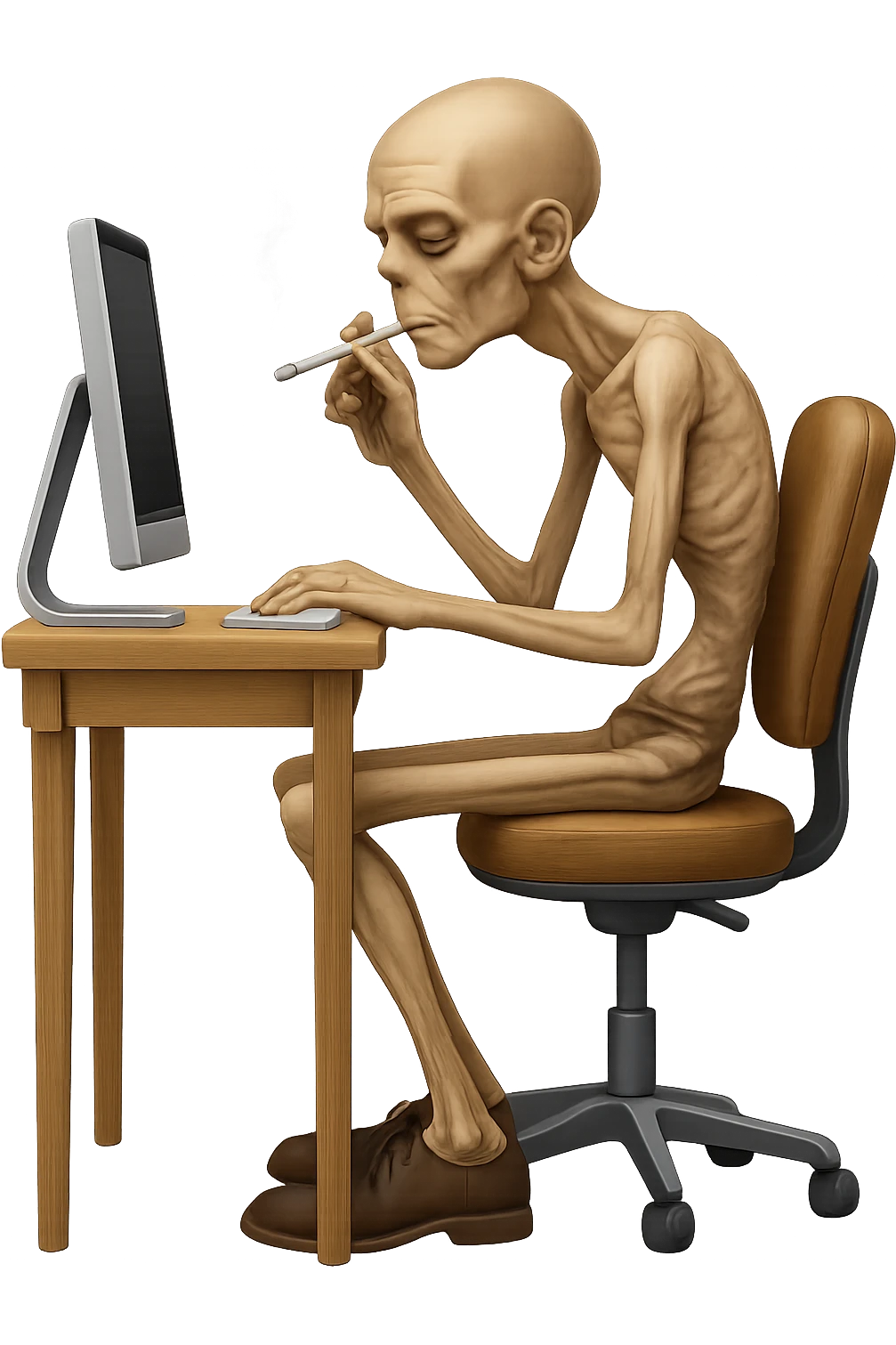 A very thin, emaciated, hunched man sitting on a chair at a computer, side view, holding a cigarette in hand, in emoji style with transparent background. emoji