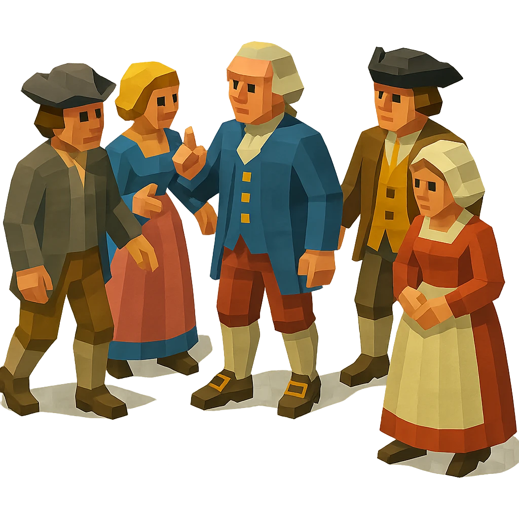 isometric full-body illustration of an 18th century crowd emoji