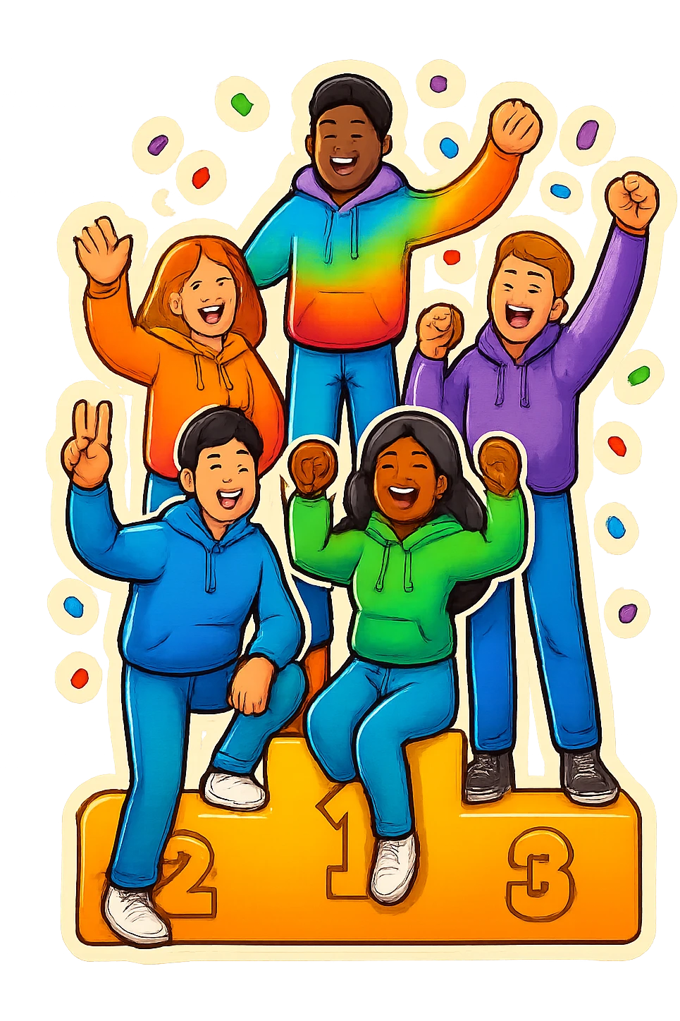 Change to a different pose and add confetti. Keep the group of five multi-racial people on a winners’ podium, no numbers, all in jeans and hoodies, excited, fun, expressive emoji style. emoji