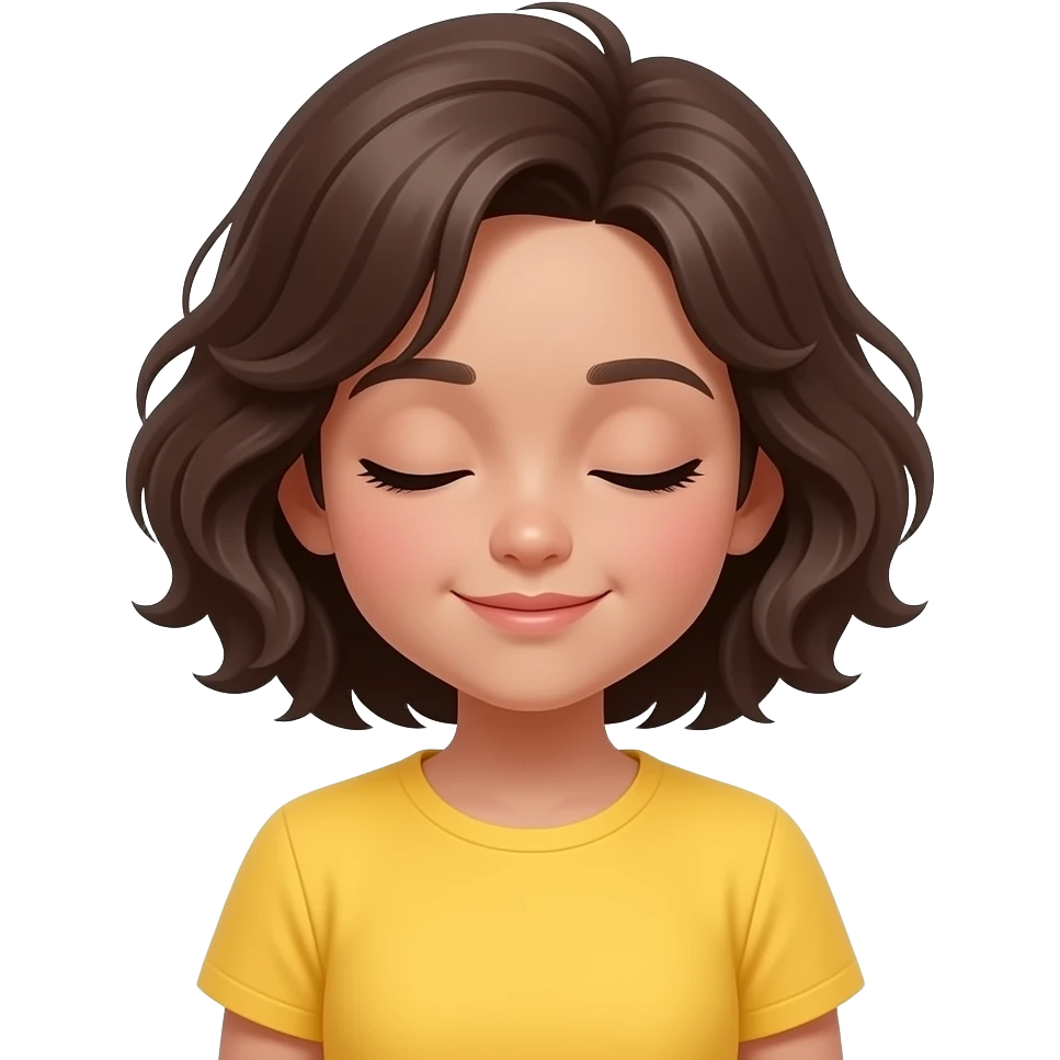 young girl with fluffy dark brown hairs close eyes with half body close up girl wear yellow shirt emoji