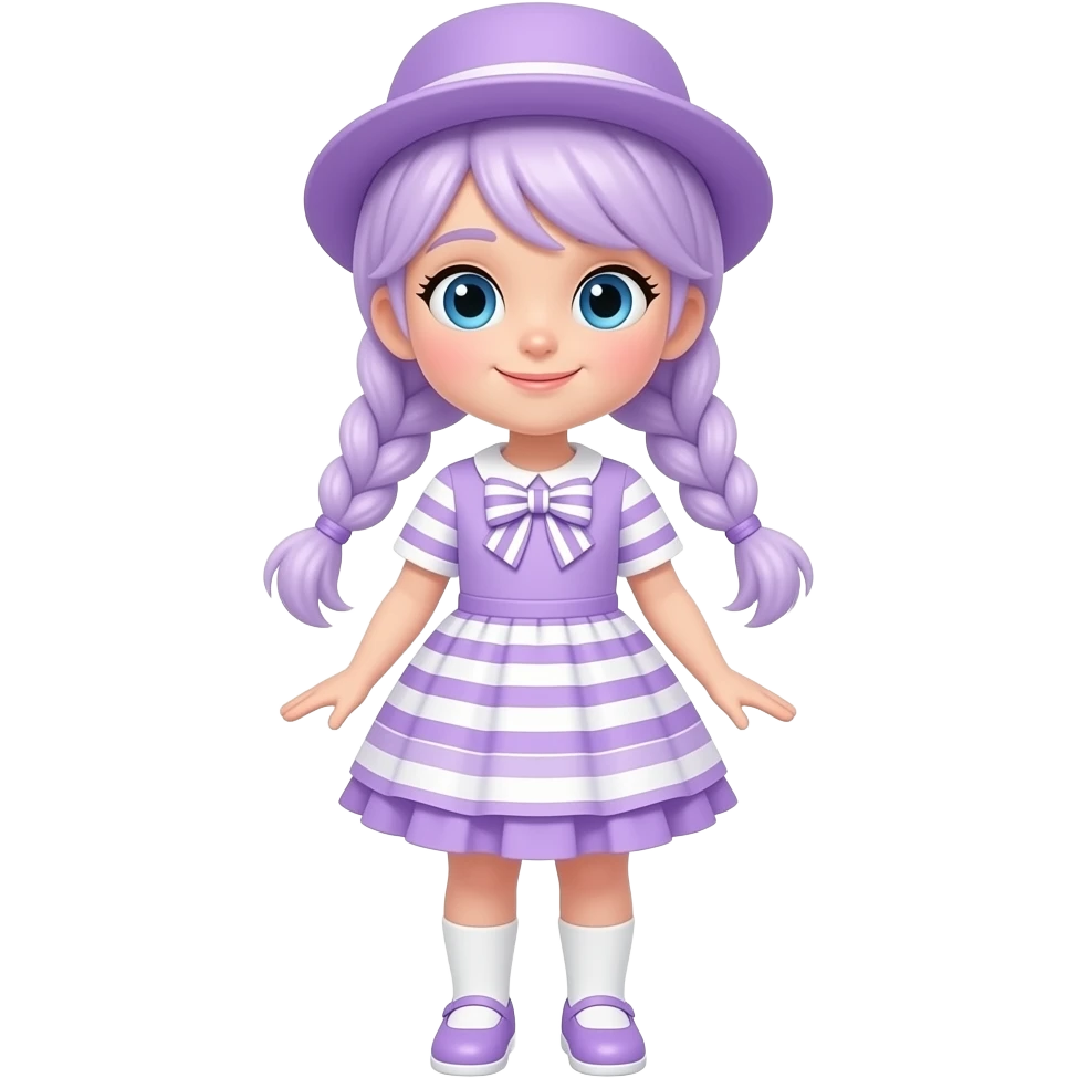 A girl with pale purple hair tied in two braids, and blue eyes and wearing a pale purple dress with pale purple and white striped short sleeves, a pale purple and white striped skirt with a pale purple frill, a pale purple and white striped bow, a pale purple hat, white socks and pale purple shoes. emoji