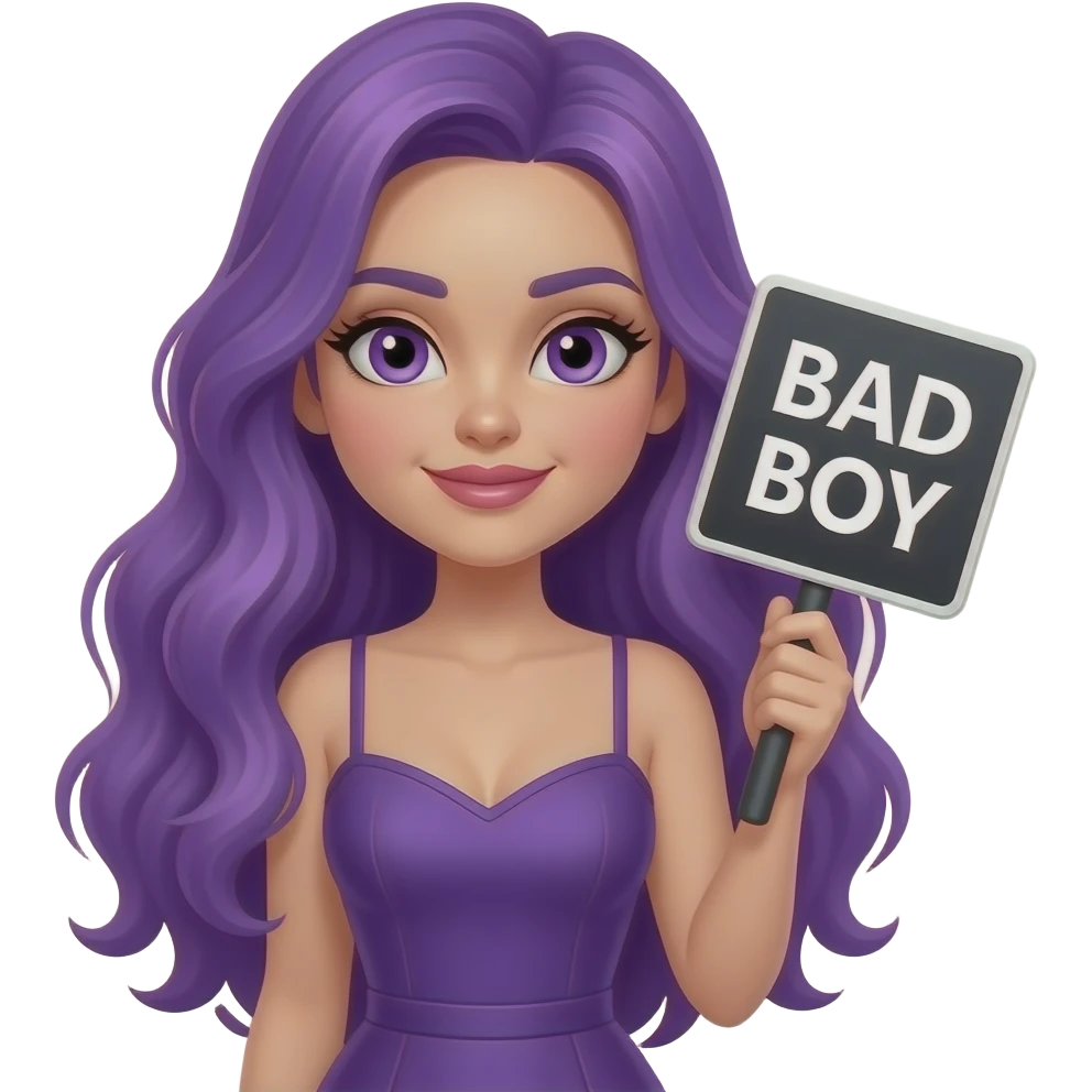 sexy girl with long purple hair and purple eyes wearing a dress holding a BAD BOY sign emoji