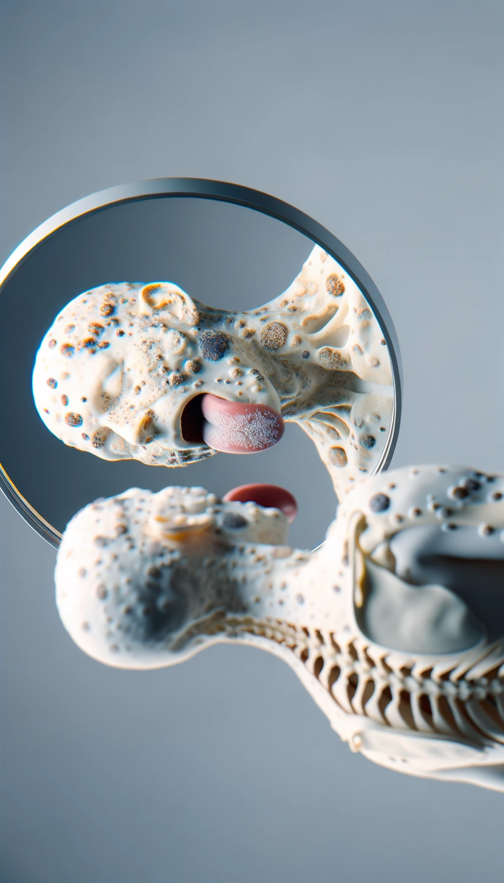 CORPO UMANO ANATOMICO IN PIEDI  A FIGURA INTERA CHE SI GUARDA LA LINGUA ALLO SPECCHIO , TIENE LA LINGUA FUORI E LA LINGUA è PIENA DI MACCHIE BIANCASTRE, NEUTRAL CLEAR BACKGROUND, iperrealistico 4k emoji
