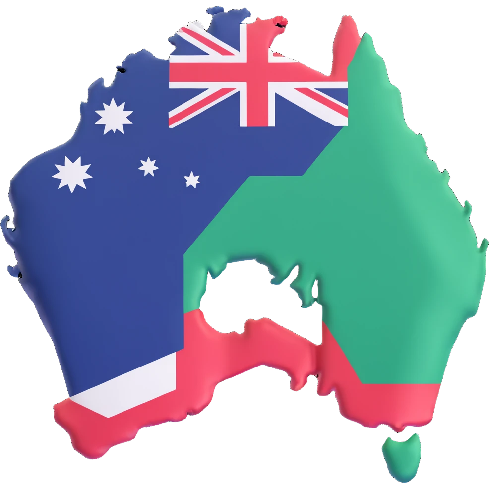 3D style illustration of Australia's terrain with the Australian flag overlaid, vivid and clear flag colors emoji