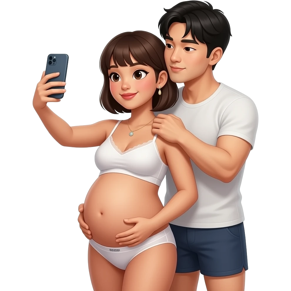 generate me a hot filipina with brown skin pregnant taking a mirror selfie with bangs and short hair with a hot korean guy with bangs hair besides her carrying her womb like doing a backhug. make them wear underwear. make the guy rest his head on the woman's shoulder like kissing her neck emoji