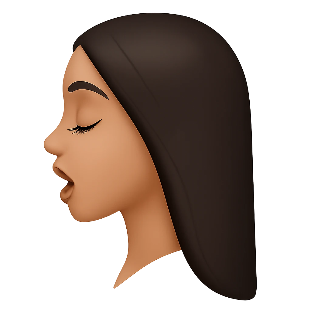 Create a side view (profile) of this woman's head in the normal iPhone emoji style, with closed eyes, long eyelashes, an open mouth, smooth shading, no outlines, and long dark hair. This is variant 1. The style should mimic the iPhone emoji style with smooth shading and no outlines. emoji