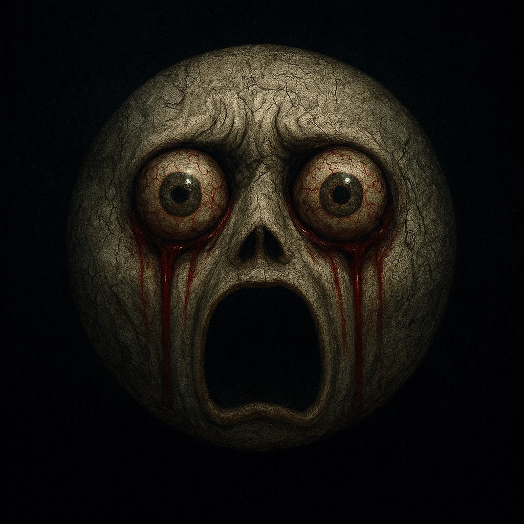 horror emoji with pale, cracked skin, mouth wide in a scream, eyeballs protruding and bloodshot, blood trails from the sockets, terrified expression, moody cinematic lighting, dark background, detailed and grainy texture emoji