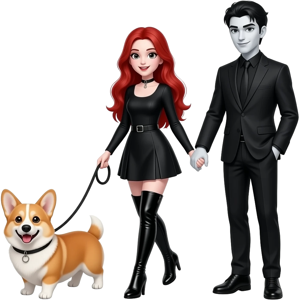Vampiro femmina ADOLESCENTE con pelle bianca e capelli rossi lunghi che indossa una gonna corta nera e un top con le maniche lunghe e degli stivali lunghi neri con tacco che cammina con al guinzaglio un Corgi e tiene per mano il suo ragazzo VAMPIRO con la pelle bianca e la TUTA e sono felici emoji