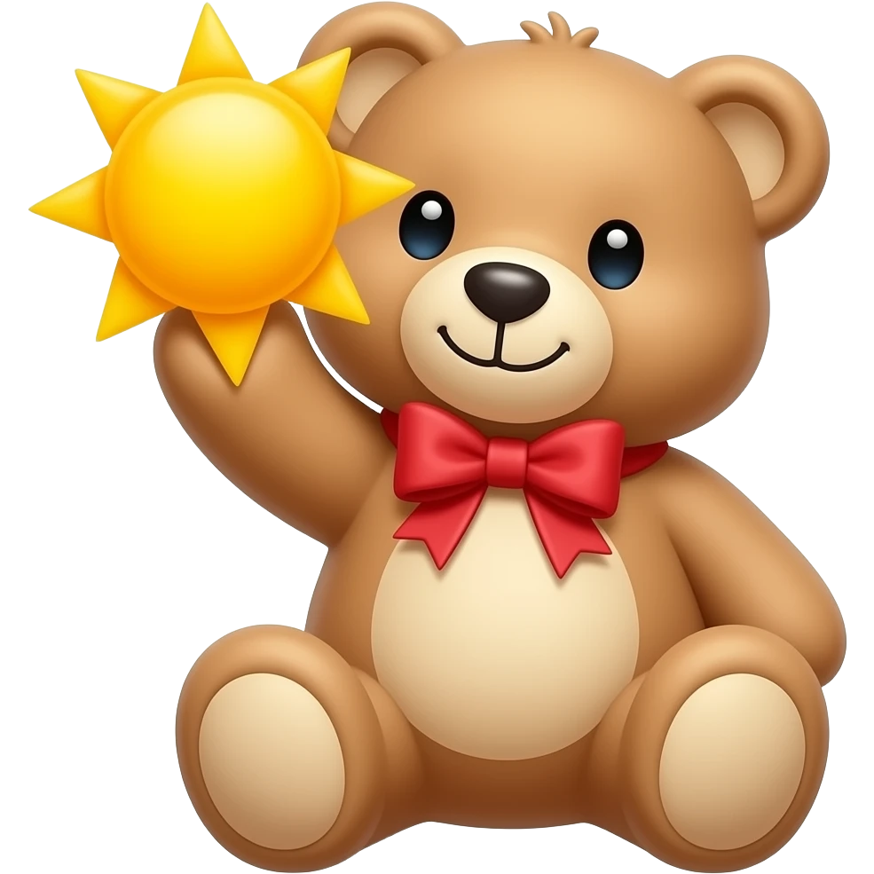 teddy bear with red bow holding the sun emoji