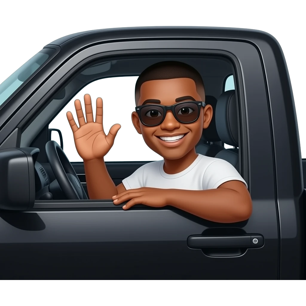 make a black skinned 20 year old man with a low taper fade in a black chevy truck with rich black sunglasses on smiling and waving out the window emoji