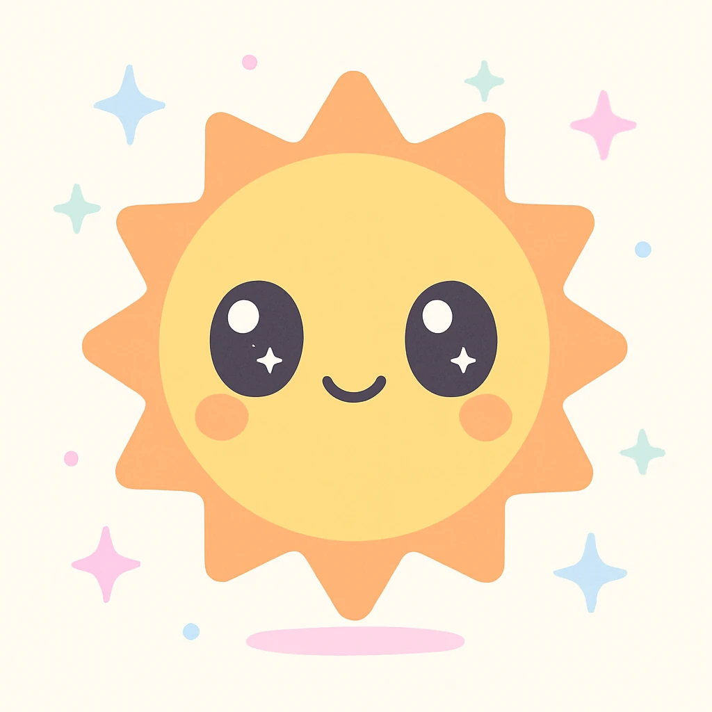 cartoon sun with big eyes, softly bouncing up and down, radiating warmth and happiness emoji