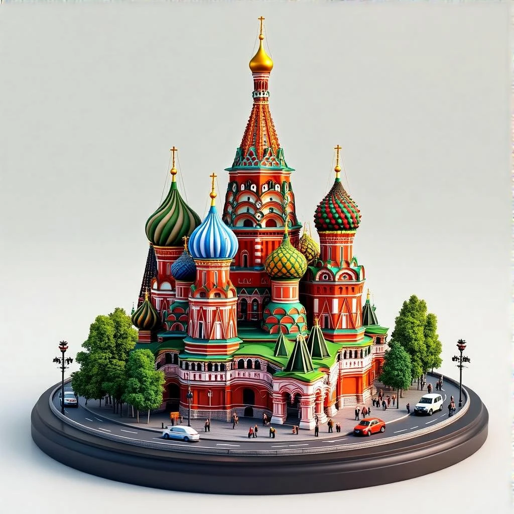 Изометричная миниатюрная фотореалистичная 3D модель Москвы на подставке - Кремль, собор Василия Блаженного, Башни Москва-Сити, четкая детализация, яркие цвета, мультяшный реализм, люди, автотранспорт и метро, компактная композиция, вид сверху в изометрии, прозрачный фон emoji