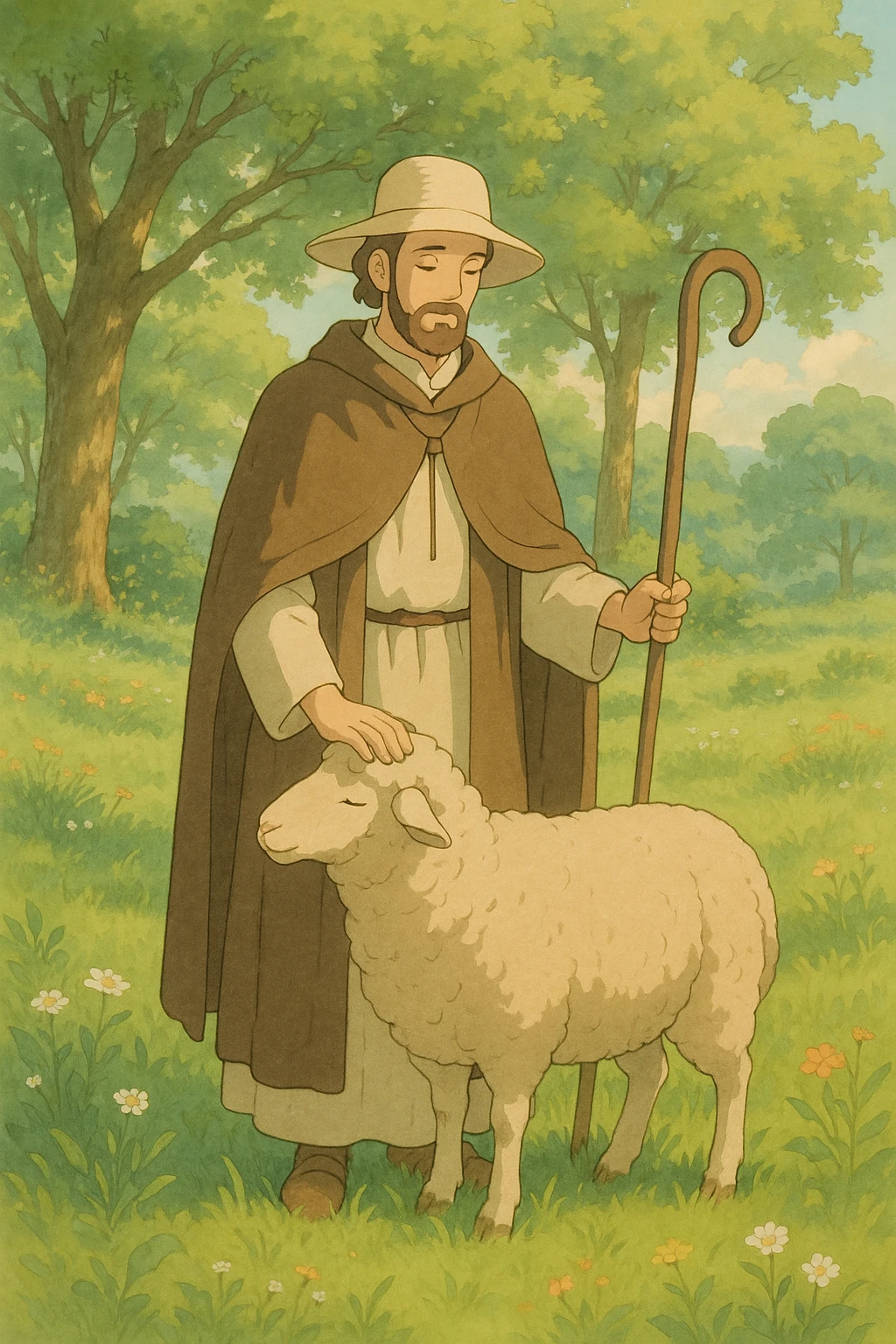 pastor con oveja, ambiente natural, colores suaves emoji