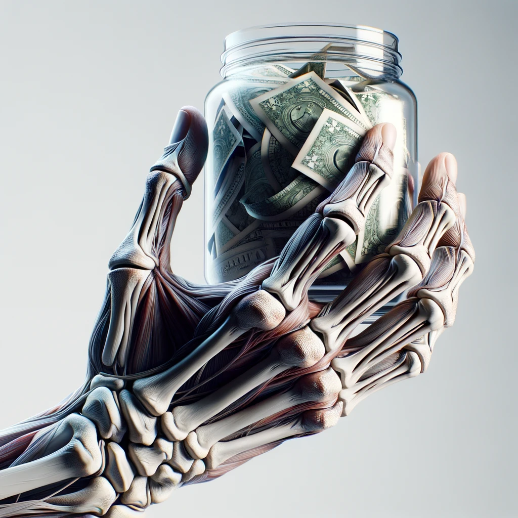 corpo umano anatomico che ha in mano un barattolo di vetro pienissimo di banconote, iperrealistica 4k, isolato su sfondo bianco emoji