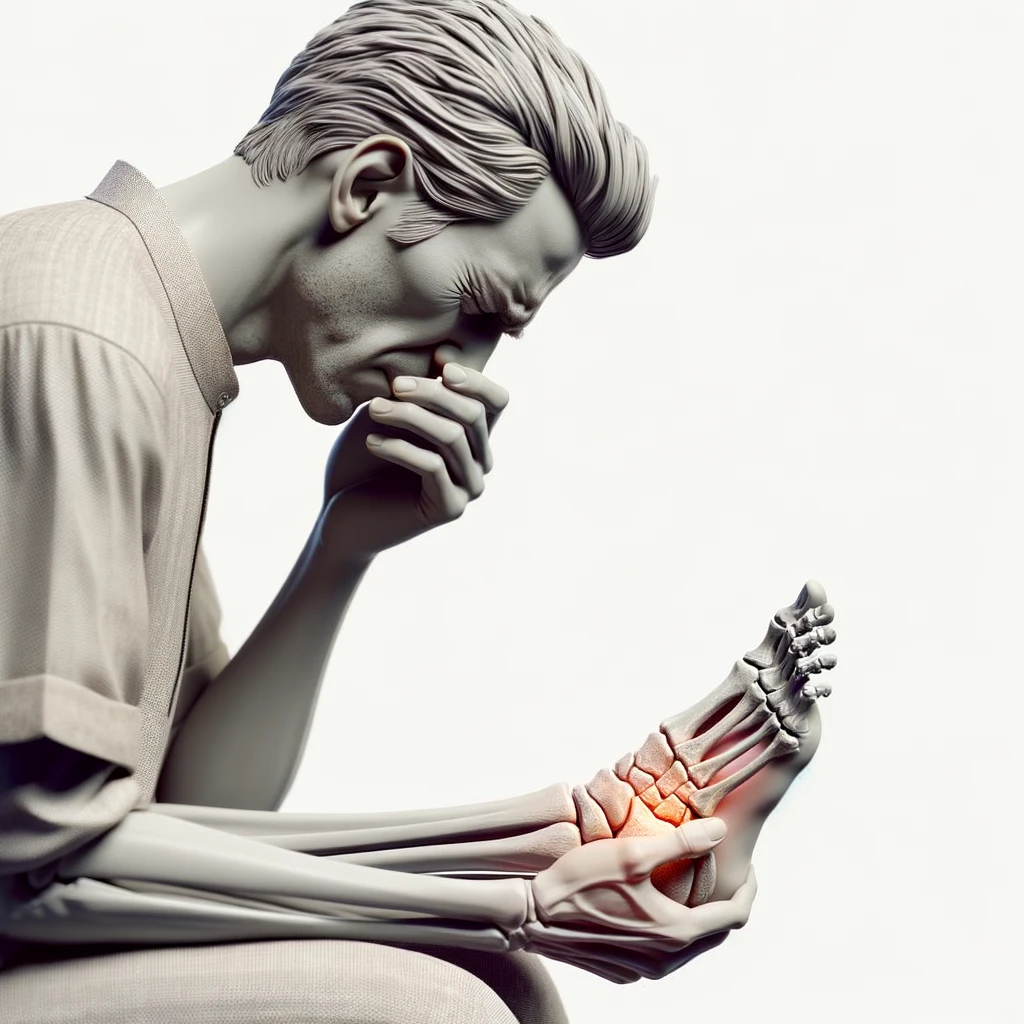 corpo umano anatomico con espressione di dolore in volto che si tiene il piede tra le mani perché ha dolore al piede, iperrealistico 4k, isolato su sfondo bianco emoji